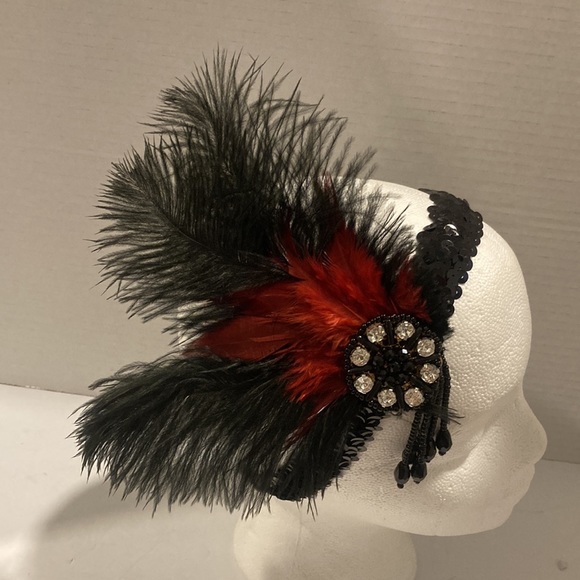 Red and Black Feathered, Beaded, Sequin Headband - Picture 6 of 6